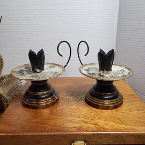 Vintage Pair of Porcelian and Metal Hand Painted Floral Candle Holders